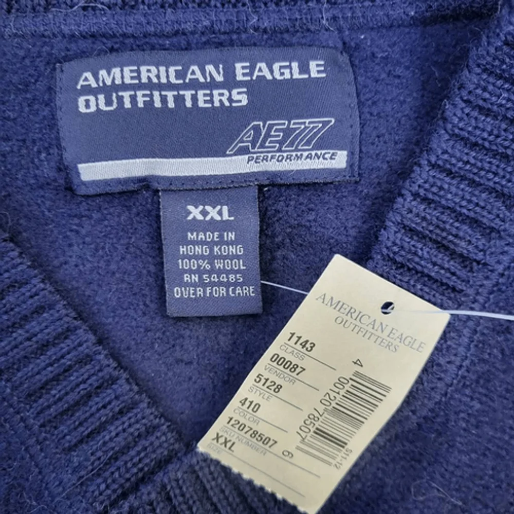 VTG American Eagle Mens Wool V Neck Sweater XXL Blue Preppy 90s Winter Cozy NWT
